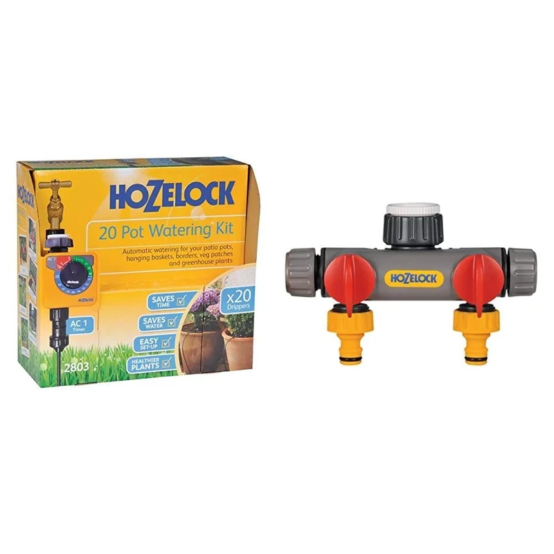 Hozelock Ltd 20 Pot Watering Kit Including AC1 Timer which Has 13 Pre-set Programs to Supply Water From Once Per Day, to Up to Four Times a Day & 2-Way Tap Connector