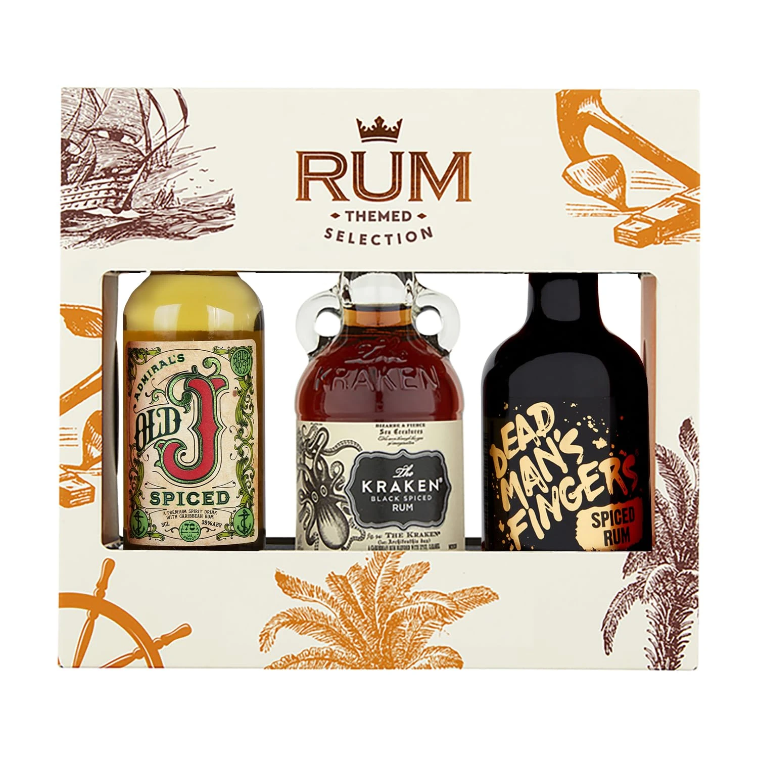 A Selection of Spiced Rum Miniature Gift Set, including 3 x 5cl bottles. Admiral's Old J, Kraken and Dead Man's Fingers Miniature. Perfect for Rum Lovers Christmas and Birthdays by Blue Tree Gifts.