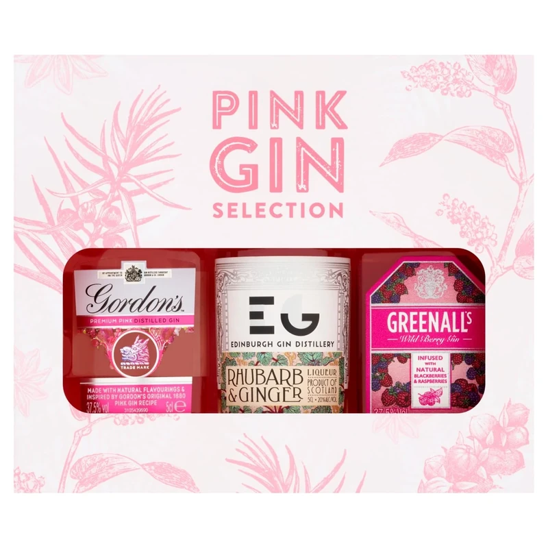 Pink Gin Gift Set, includes 3x5cl, Gordon's Pink Gin 37.5% ABV, Edinburgh Rhubarb & Ginger 20% ABV and Greenall's Wild Berry 37.5% ABV. Perfect for Birthdays or Christmas, Gift Set by Blue Tree Gifts