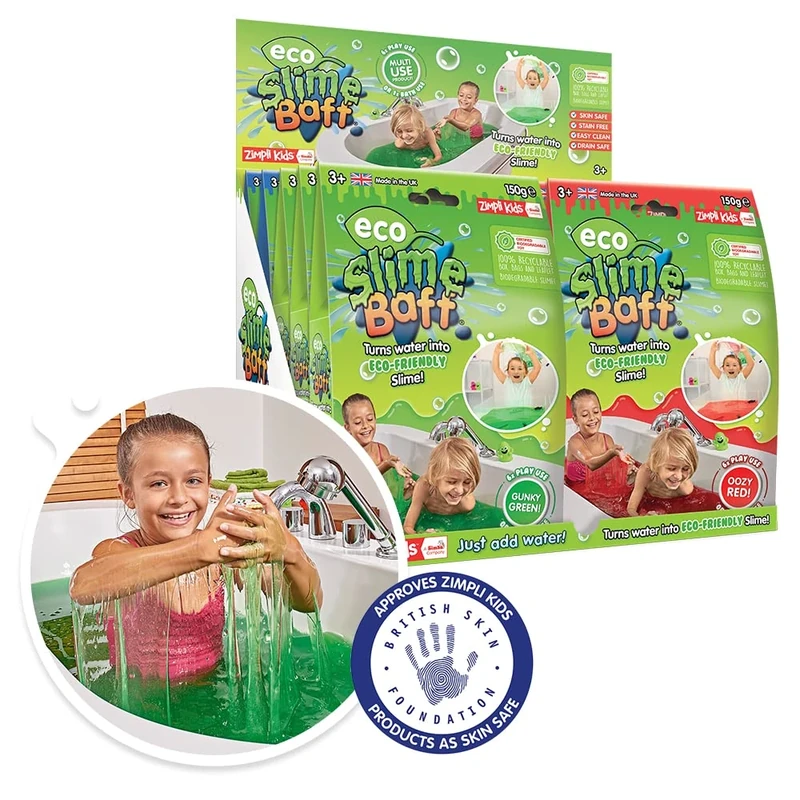 ZIMPLI - 10 x Eco Slime Baff, 6 x Green, 2 x Red & 2 x Blue, Magically turns water into gooey, colourful slime, Eco-Friendly Children's Toy