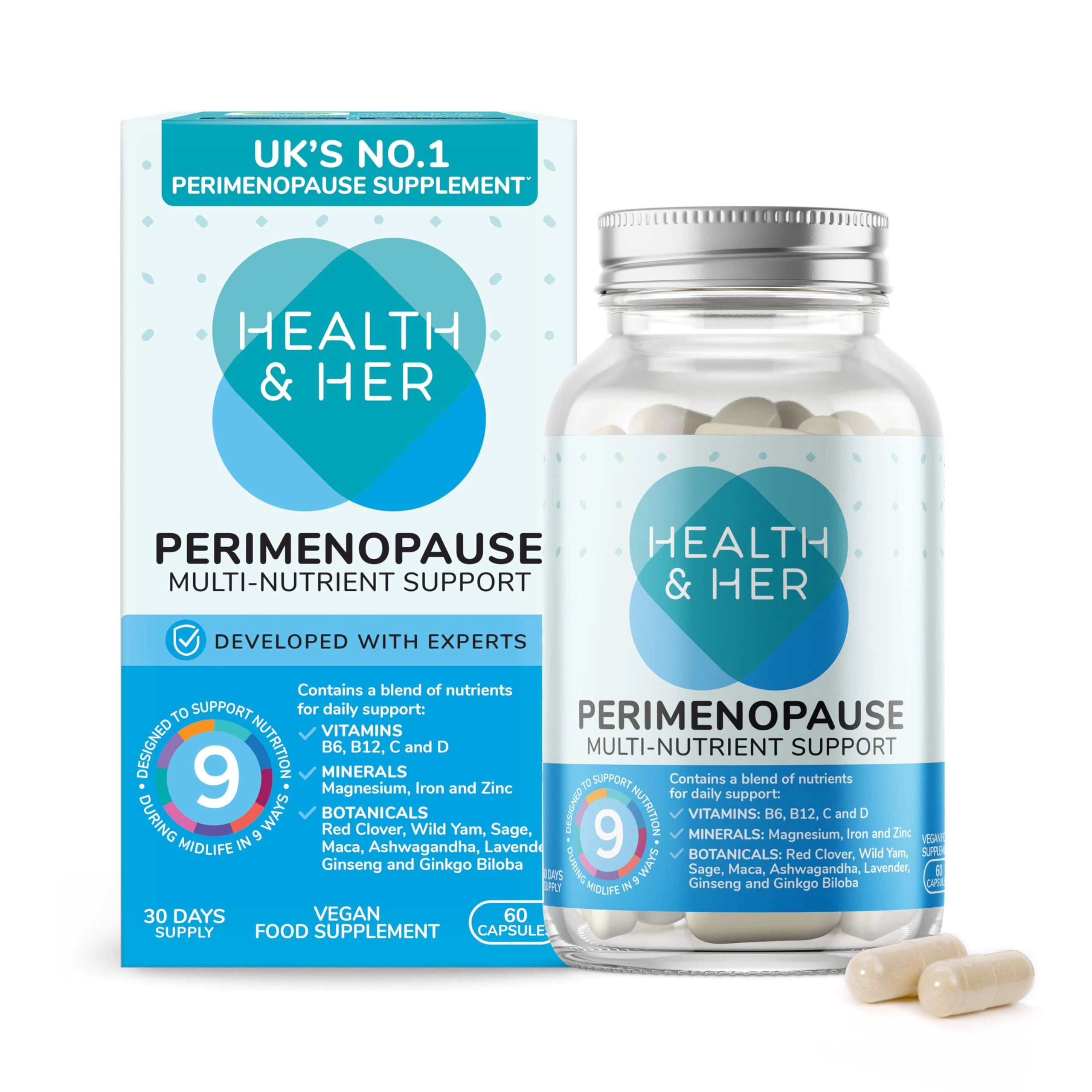 Health & Her Perimenopause Supplements for Women - with Red Clover, Wild Yam Ashwagandha. Wellbeing Support for The Early Stage of Menopause - 1 Month Supply, 60 Capsules - Vegan & Gluten Free