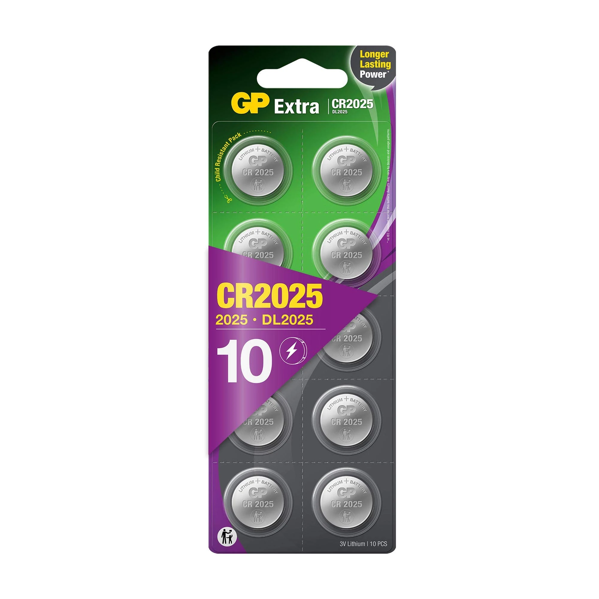 GP CR2025 3V Lithium Coin Cell Batteries 10 Pack - Flat Battery for Car Key/Key Fob Audi Mercedes Nissan - DL2025 2025 Batteries also suitable for scales/toys/heartrate monitor etc