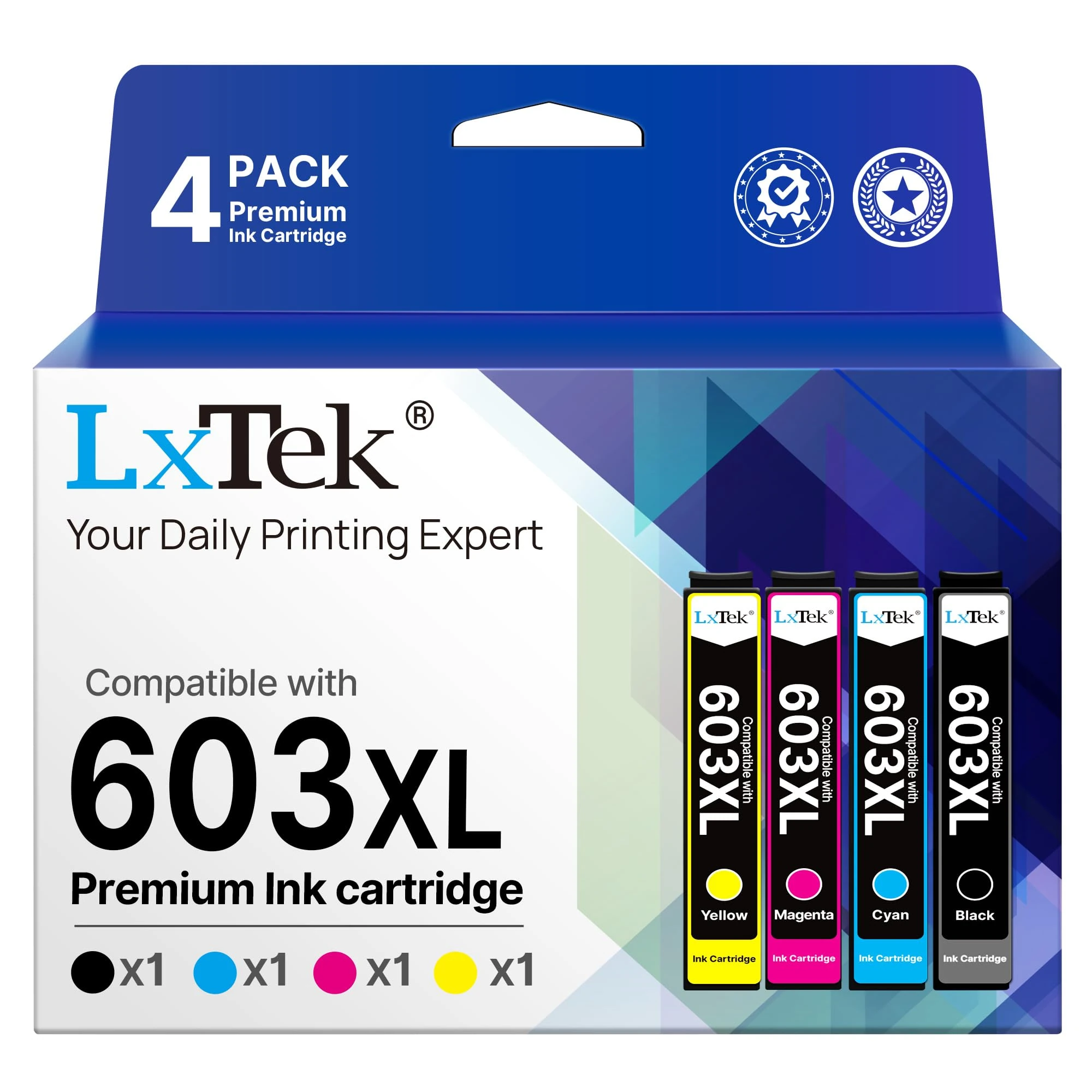 LxTek Compatible Ink Cartridge Replacement for Epson 603XL for XP-4100 XP-3100 XP-2100 XP-2105 XP-4105 XP-3105 Workforce WF-2830 WF-2850 WF-2835 WF-2810 (Black Cyan Magenta Yellow，4-Pack)