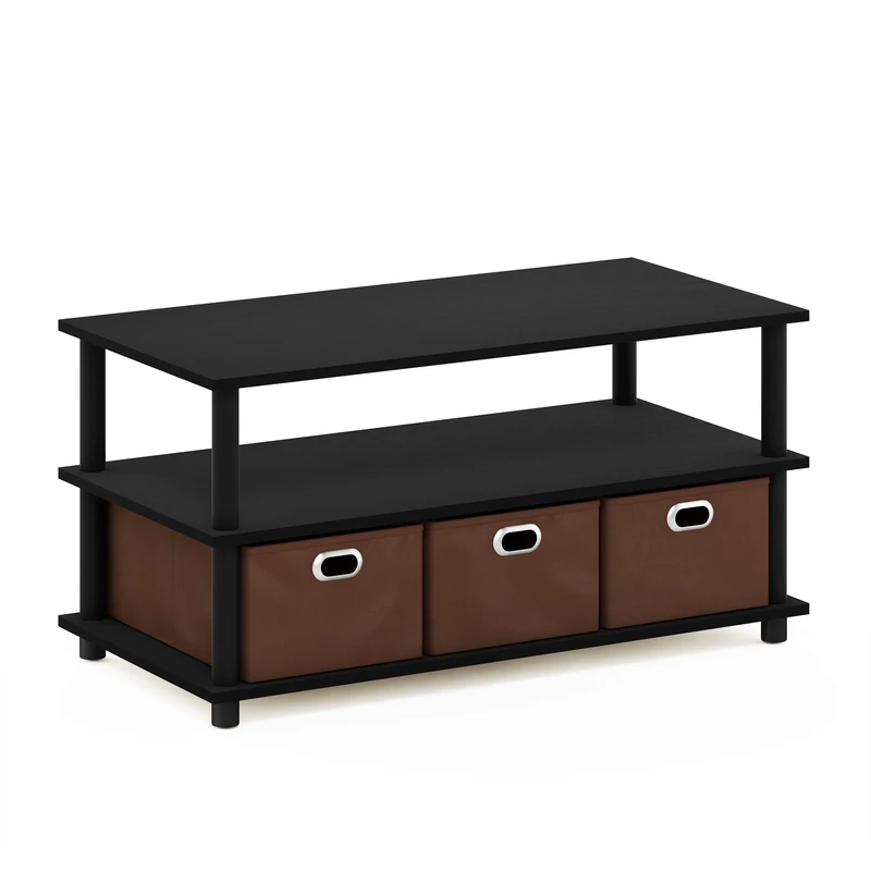 Furinno FRANS Coffee Table, 3-Tier Modern Coffee Table with Shelves and Storage Bins, Easy Assembly Side Table with Open Shelf, for Living Room, Bedroom, Home Office, Black Oak