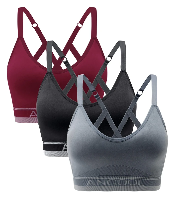 ANGOOL Women's Wireless Seamless Sports Bra, Padded Racerback Adjustable Straps Longline Yoga Gym Training Bra, Black+Grey+Red, M