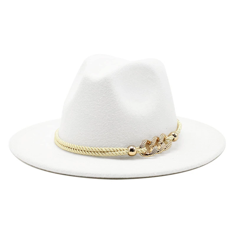 Gossifan Lady Fashion Wide Brim Felt Fedora Panama Hat with Ring Belt, A-White, M