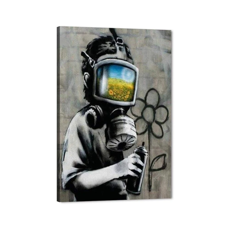 Yatsen Bridge Banksy Wall Art, Boy Wearing a Gas Mask Canvas Picture Art Print, Modern Home Decor for Living Room Bedroom Pop Framed Artwork Ready to Hang - 24x36 inch