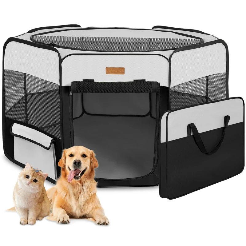 Akinerri Dog Playpen, Foldable Puppy Pet Exercise Kennel with Removable Mesh Shade Cover, Portable Pet Playpen for Pet’s Indoor or Outdoor Training