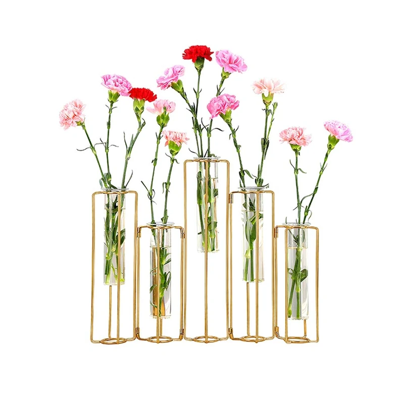 Hinged Flower Vases Test Tube Flower Vase with 5 Test Tubes Gold Metal Frame can be Bent and Contorted, Propagation Station Plant Holder Tubos De Ensayo for Home Wedding Decor, Balcony - Image 1