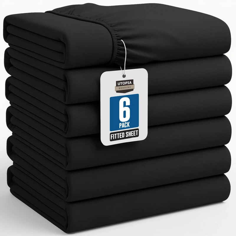 Utopia Bedding Queen Fitted Sheets - Bulk Pack of 6 Bottom Sheets - Soft Brushed Microfiber - Deep Pockets - Shrinkage & Fade Resistant - Easy Care (Black) - Image 1