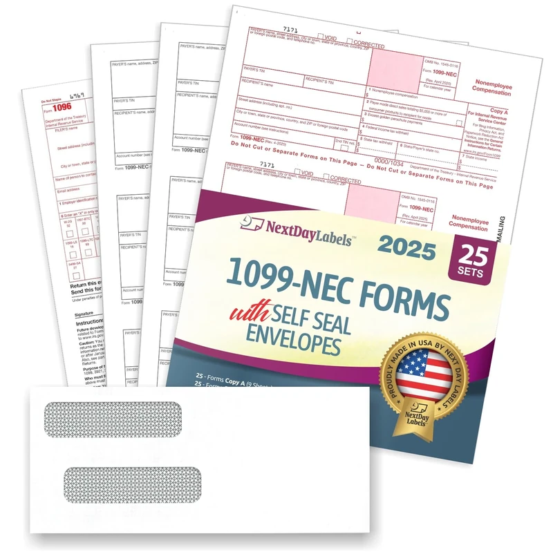 "New" 1099-NEC Forms for 2020, 4-Part Tax Forms, Vendor Kit of 25 Laser Forms and 25 Self-Seal Envelopes, Forms Designed for QuickBooks and Other Accounting Software