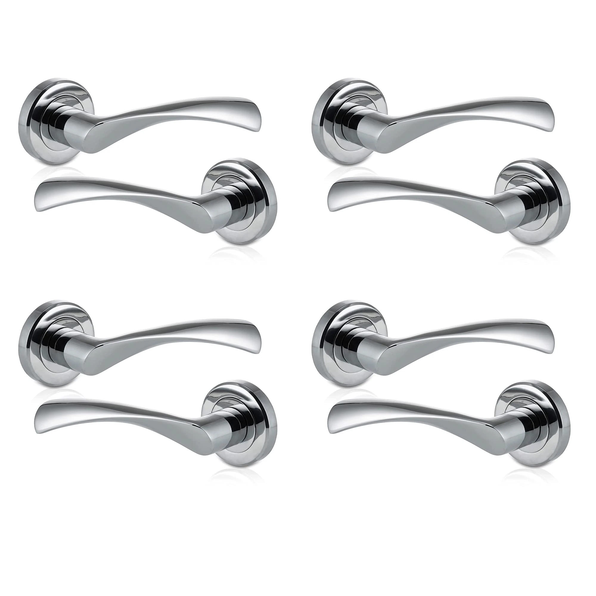 XFORT 4 Pack Door Handle on Rose, Warped Lever Door Handles in Polished Chrome Finish, Internal Lever Handle, Used as Internal Door Handles with a Standard Latch, Mortice or Bathroom Lock.