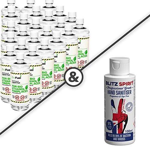Ekofuel Bioethanol Fuel for Fires & Blitz Spirit 91% Alcohol, Medical Grade Liquid Hand Sanitiser (24x 1lt Ekofuel & 1 x 100ml Blitz Spirit)