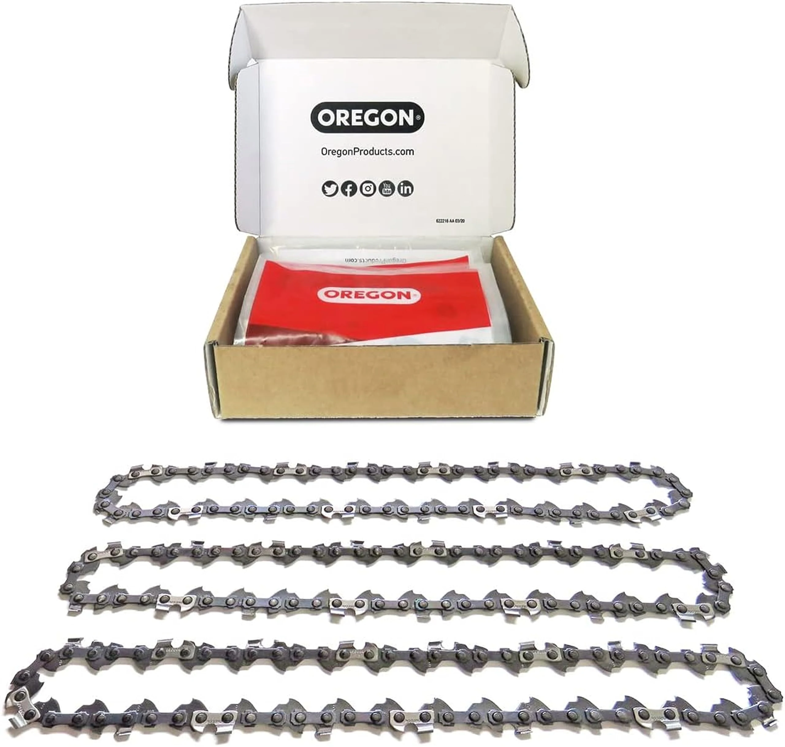 Oregon 3-Pack Chainsaw Chain 3/8" LP Pitch, .050" (1.3 mm) Gauge for 16" (40cm) Bar, 56 Drive Links – Low-kickback Replacement Saw Chain, Fits Titan, Ryobi, Black & Decker, Dolmar and more (91P056X3)
