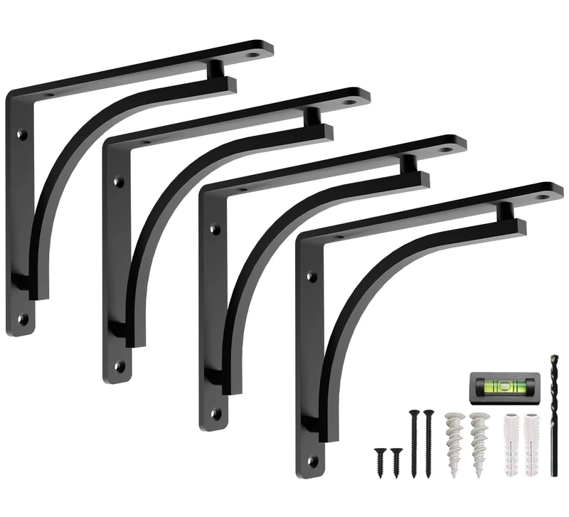 Balin Designs Black Shelf Bracket for 8", 10", 12" Shelves – Pack of 4 - Heavy Duty Metal Shelf Brackets - L Brackets for Shelves – Easy to Install – Indoor or Outdoor Shelving - Hardware Included