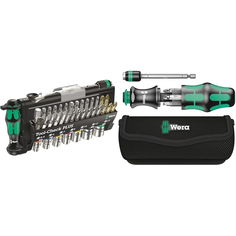 Wera Tool-Check Plus Mini Bit Ratchet, Socket, Screwdriver & Bit Set, 39pc, 05056490001 & Compact Tool Set Kraftform 20" with Pouch, SL/PH/PZ, 7 Pieces