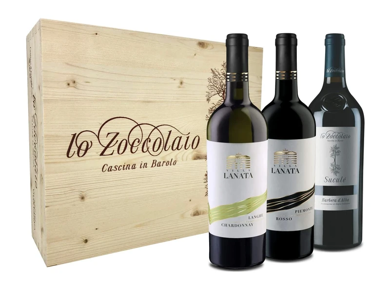 Villa Lanata Lo Zoccolaio Langhe Chardonnay + Piemonte Rosso + Barbera d'Alba Mixed Dry Wine in Wood Case - Luxury Wine - Gifts for Women - Mum- 3 x 750 ml