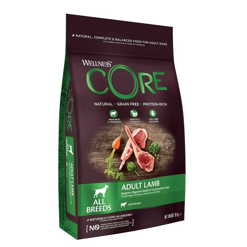 Wellness CORE Lamb 10 kg, Lamb – Dry Dog Food for All Dog Breeds, Grain-Free, Natural, Hypoallergenic, Protein-Rich, High Meat Content, Supports Healthy Digestion