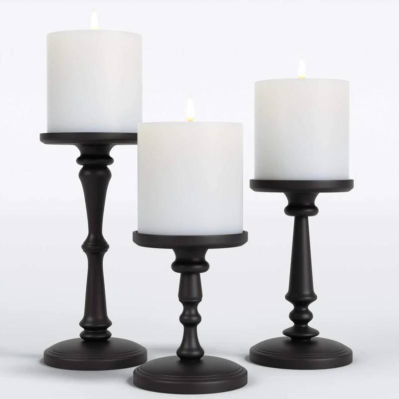 HB Design Co. Matte Black Candle Holders Set of 3 - Metal Pillar Candle Holders - 3 Pillar Candle Holder Centerpiece - Black Candle Holder Set