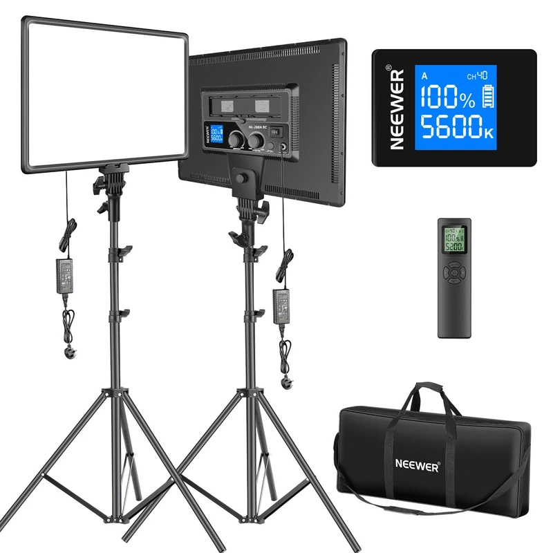 NEEWER LED Video Lighting Kit , 2 Pack Dimmable Bi Color 18" Large LED Panel with 2.4G Wireless Remote & Tripod Stand, 45W 3200K-5600K CRI97+ Studio Key Light for Photography Video Recording Streaming
