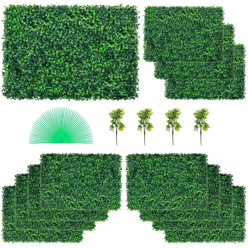 VEVOR Artificial Boxwood Panel UV, Boxwood Hedge Wall Panels, Artificial Grass Backdrop Wall 4 cm Green Grass Wall, Fake Hedge for Decor Privacy Fence Indoor, Outdoor (24" x 16", 12)