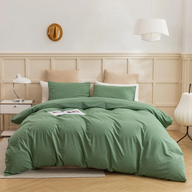 ECOCOTT Sage Green Duvet Cover Queen Size, 3 Piece 100% Washed Cotton 1 Duvet Cover with Zipper and 2 Pillowcases, Ultra Soft and Easy Care Breathable Cozy Bedding Set(Sage Green, Queen)