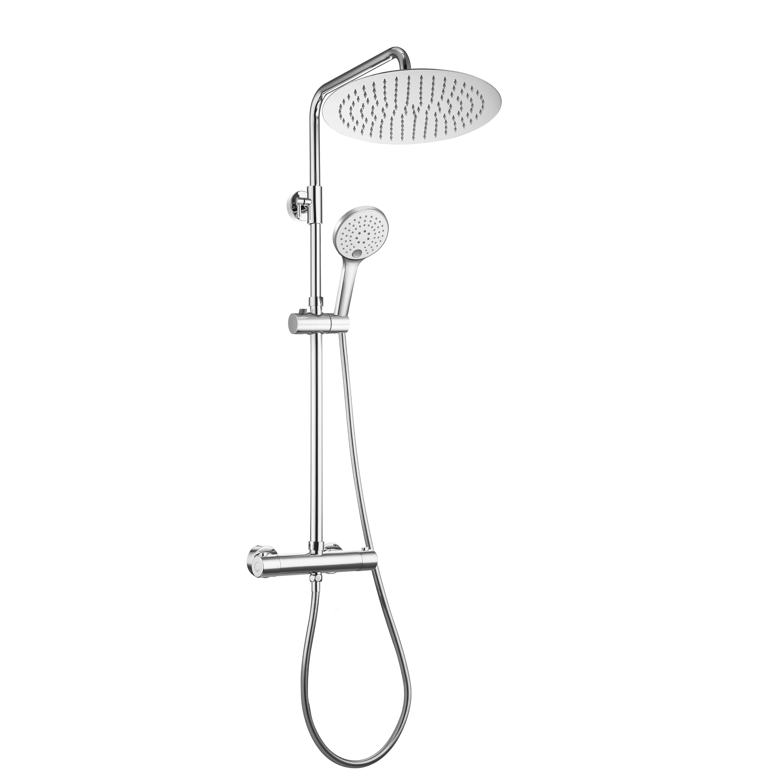 Görbach Shower System Shower Mixer Set in SUS304 with Bathroom Thermostatic Valve Anti Scald 38℃ Shower Bracket Adjustable Height and Overhead Rainfall Shower Angle Adjustable Chrome D30cm.