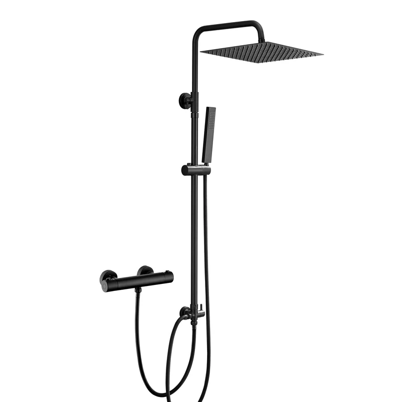 Görbach Shower System Thermostatic Anti Scald 38℃ Shower Mixer Set Bathroom in SUS304 with Shower Bar Bracket Adjustable Height,Multifunctio Hand Shower,Shower Head Black U-30x30.