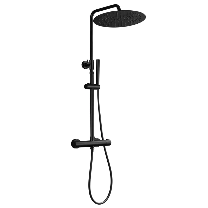 Görbach Shower System Shower Mixer Set in SUS304 with Bathroom Thermostatic Valve Anti Scald 38℃ Shower Bar Bracket Adjustable Height and Rainfall Shower Head Angle Adjustable Black D30cm.
