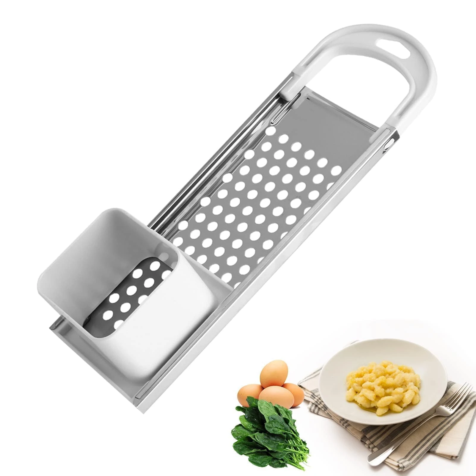 Stainless Steel Spaetzle Maker with Comfort Grip Handle, Homemade Traditional German Egg Noodle Dumplings Maker, Stainless Steel Spider Strainer Skimmer Spoon Pasta Strainer for Pasta, Rice, Potatoes