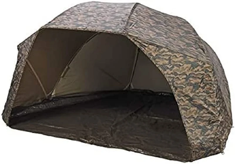 JRC Rova Carp Coarse Fishing 60" Waterproof Umbrella Brolly Shelter, Green/Brown Camo Colour with Storm Sides Poles and Groundsheet. Easy set-up and fits most Bedchairs. - Image 1