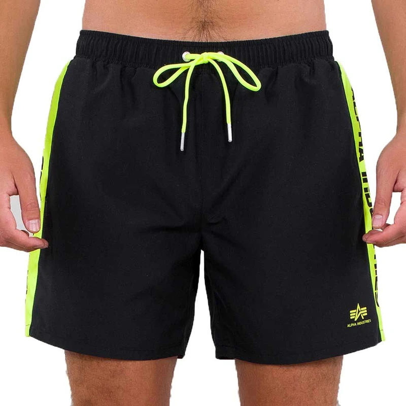 Alpha Industries Men's Printed Stripe Swim Short Stylish Board, Black, S