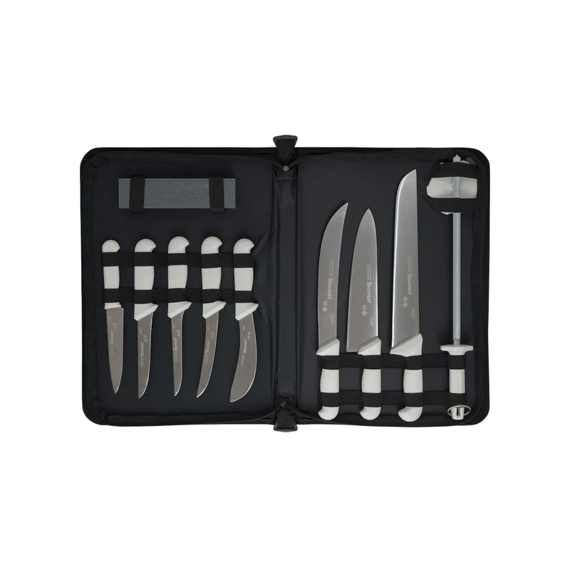Starrett Professional Butchers Knife Set - 11 Pieces Stainless Steel White Ergonomic Handles Kitchen Chef Knife - Includes Boning Skinning Steak Knives Protector Stone