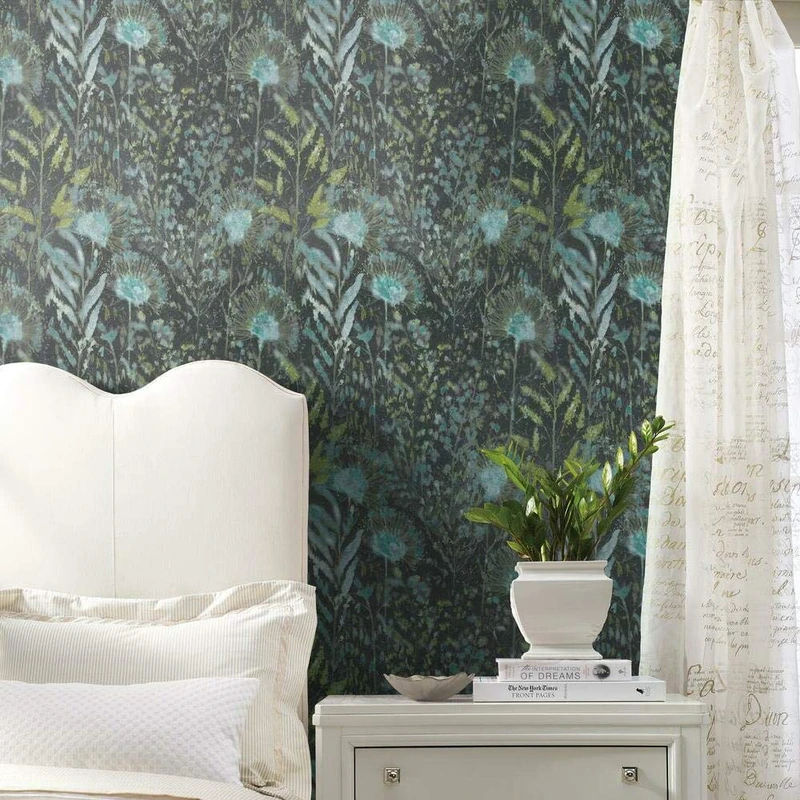 RoomMates RMK11743WP Dandelion Peel and Stick Wallpaper, Black/Teal