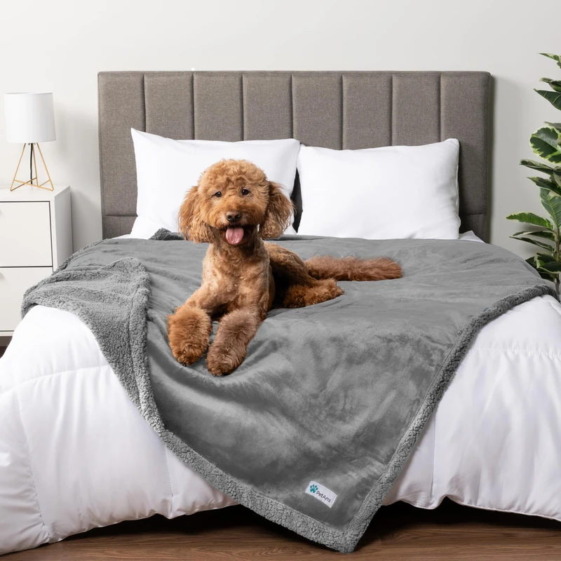 PetAmi Waterproof Dog Blanket for Queen Bed Large XL Dog Throw for Couch Cover Leakproof Furniture Protection, Sherpa Fleece, Reversible Soft Washable 90x90 Light Gray