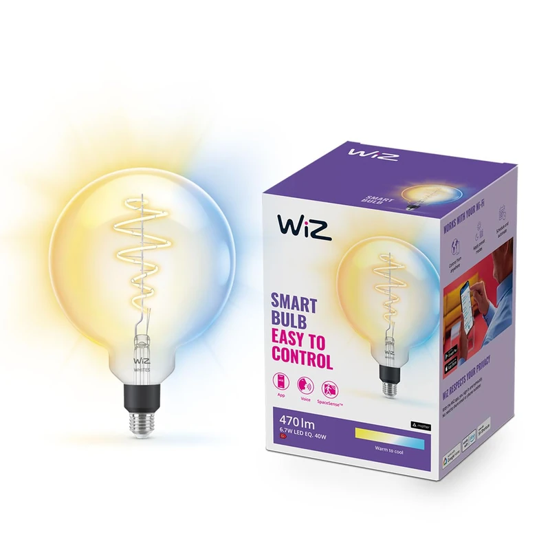 WiZ Smart E27 Clear Glass Globe LED Bulb - WiFi Dimming