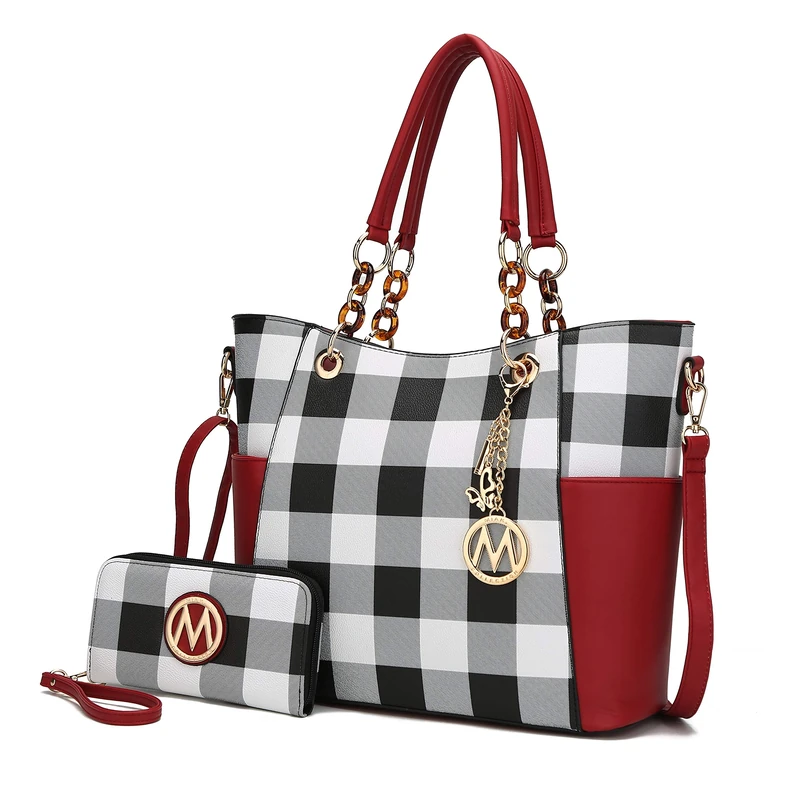 MKF Collection Tote Bag for Women, Handbag Set with Wallet-Top-Handle- Vegan Leather Purse, Checker Red, L - Image 1