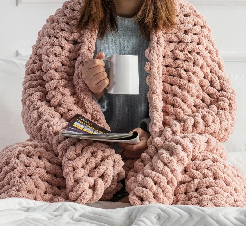 Hearth & Stone Blush Pink Chunky Knit Chenille Throw Blanket - 50x60 inches - Soft, Warm & Machine Washable