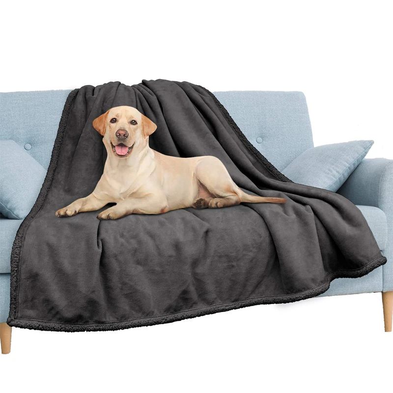 PAVILIA Waterproof Blanket for Couch, Sofa | Waterproof Dog Blanket for Large Dog, Puppy, Cat | Pet Blanket Protector | Plush Soft Warm Fuzzy Sherpa Blanket Bed Throw, Dark Grey, 90x90
