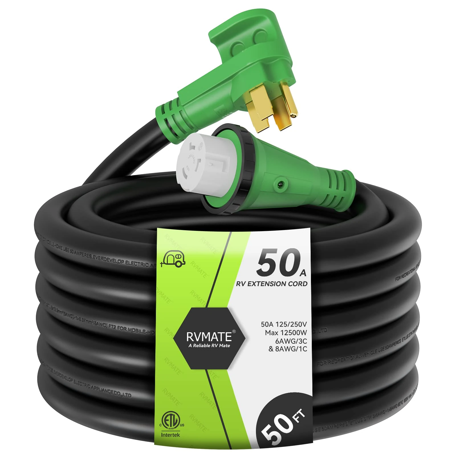 RVMATE 50 Amp 50 Feet RV Lockable Power Extension Cord, Easy Plug in Handle, 14-50P to SS 2-50R with LED Indicator, ETL Listed