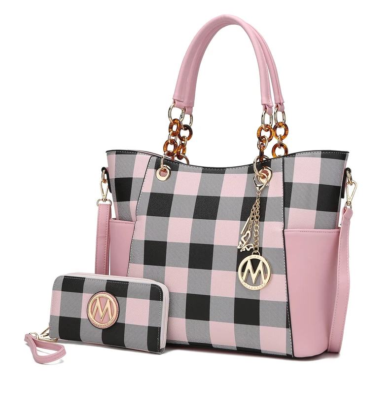 MKF Collection Tote Bag for Women, Handbag Set with Wallet-Top-Handle- Vegan Leather Purse, Checker Pink, L