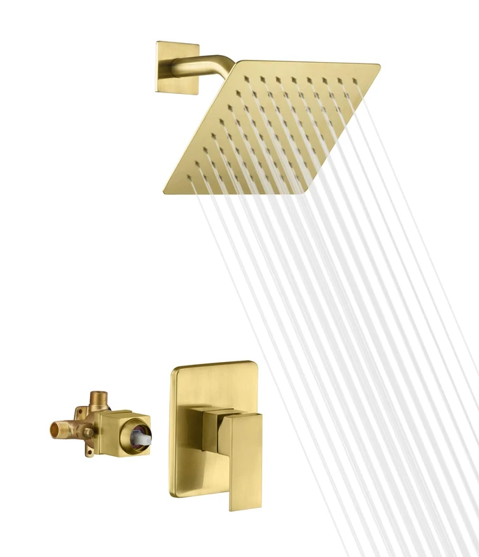 sumerain Pressure Balance Shower Faucet Brushed Gold Finish, 8" Square Rainfall Shower Head Including Rough-in Valve Body and Trim