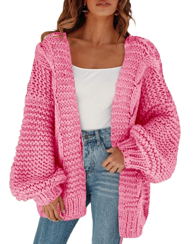 Cicy Bell Women's Cardigans Open Front Chunky Knit Cardigan Loose Lantern Sleeve Oversized Sweater Coats - Pink - Large