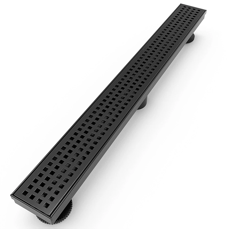 WEBANG 28 Inch Rectangular Linear Shower Floor Drain With Accessories,Quadrato Pattern Grate Removable,Food-grade SUS 304 Stainless Steel,WATERMARK&CUPC Certified,Matte Black