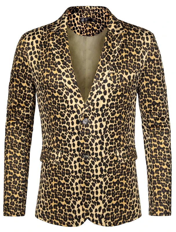 Lars Amadeus Men's Party Animal Leopard Print Blazer Notched Lapel Lightweight Sport Coat Suit Jacket Yellow Black L - Image 1