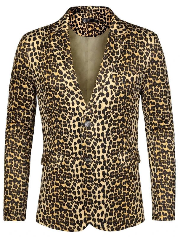 Lars Amadeus Men's Party Animal Leopard Print Blazer Notched Lapel Lightweight Sport Coat Suit Jacket Yellow Black XL - Image 1