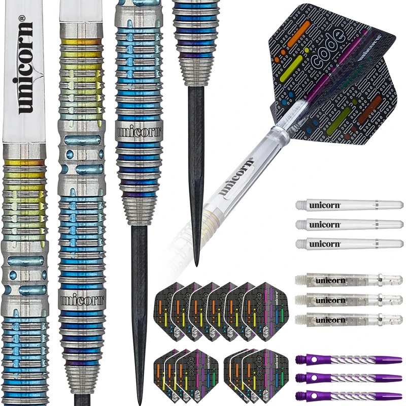 Unicorn Steel Tip Darts Set | Jeffrey 'The Black Cobra' de Zwaan Code Players DNA | 90% Natural Tungsten Barrels with Multicolour Titanium Accents | 23 g
