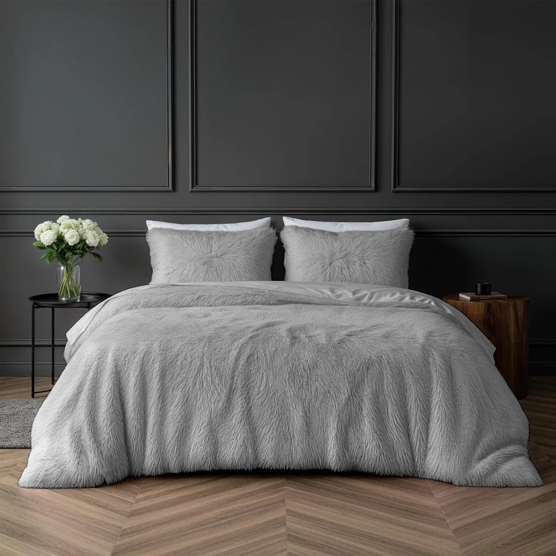 Sleepdown Fleece Luxury Long Pile Faux Fur Silver Super Soft Easy Care Duvet Cover Quilt Bedding Set with Pillowcases - Super King (220cm x 260cm)