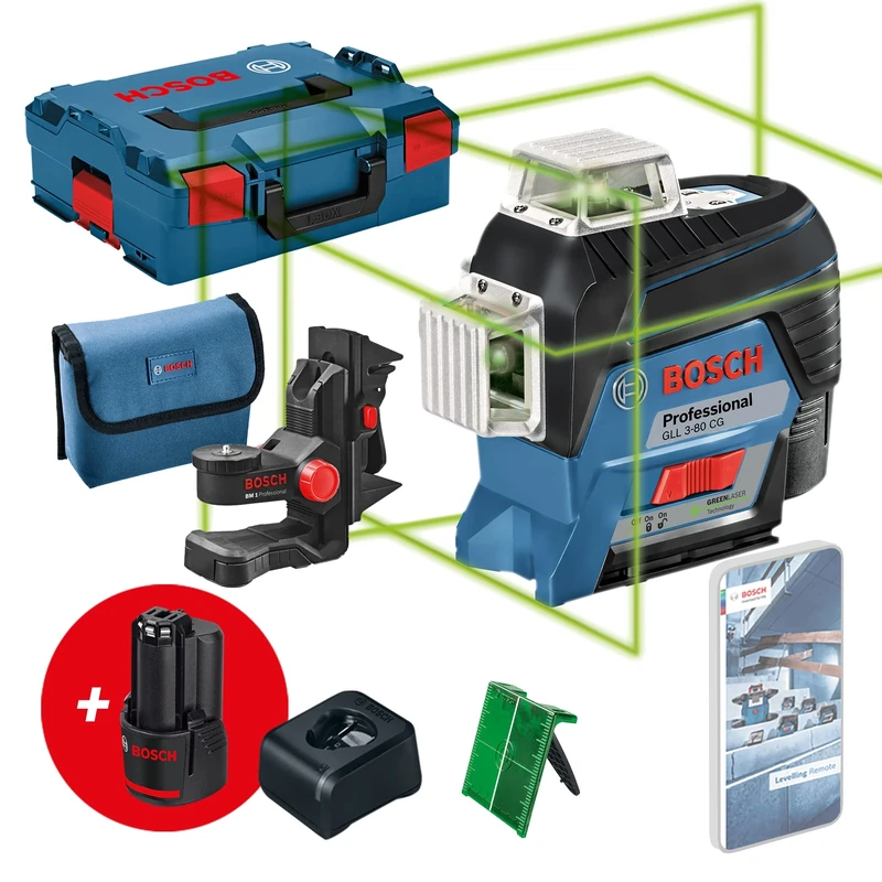 Bosch Professional 12V System Laser Level GLL 3-80 CG (2X Battery 12V, Charger, Green Laser, w/app Function, Mount, Working Range: up to 30m, in L-BOXX) - Amazon Exclusive