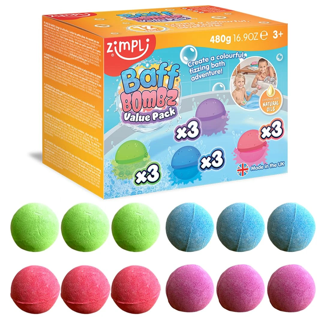 ZIMPLI - 12 x Baff Bombz, Create a colourful, fizzing, bathtime adventure, Bathtub Bath Bombs for Toddlers, Party Bag Fillers, Favours